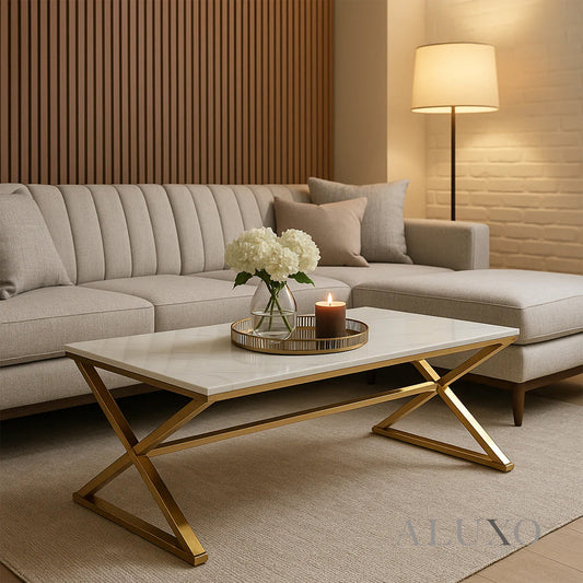 Jiro 120cm Gold Coffee Table with White Sintered Stone Top – Modern Centrepiece
