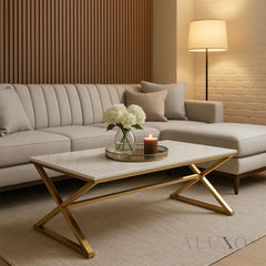 Jiro 120cm Gold Coffee Table with White Sintered Stone Top – Modern Centrepiece