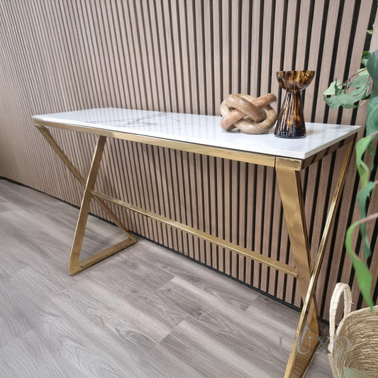 Jiro Gold Console Table – 120x40cm Slim Polar White Sintered Stone Top, Luxury Design