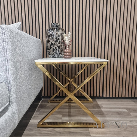 Jiro Gold Lamp End Side Table – 55x55cm Polar White Sintered Stone Top, Modern Luxury