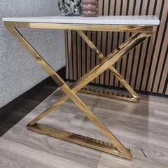 Jiro Gold Lamp End Side Table – 55x55cm Polar White Sintered Stone Top, Modern Luxury