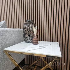 Jiro Gold Lamp End Side Table – 55x55cm Polar White Sintered Stone Top, Modern Luxury