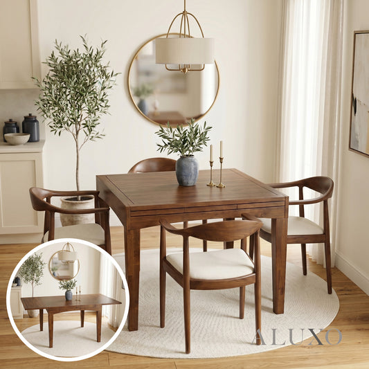 ALUXO® Journey 0.9m-1.8m Extendable Walnut Dining Set – 4-Leg Table with 4 Fern Oatmeal Bouclé Chairs