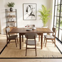 ALUXO® Journey 90-180cm Walnut Dining Set – 4-Leg Extendable Table with 4 Oxford Oatmeal Bouclé Chairs