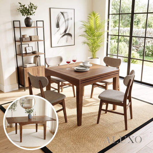 ALUXO® Journey 90-180cm Walnut Dining Set – 4-Leg Extendable Table with 4 Oxford Oatmeal Bouclé Chairs