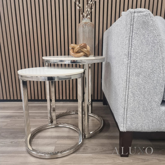 Kaito Nest of 2 Chrome Round Side End Tables – 45/38cm White Sintered Stone Tops, Modern Luxury