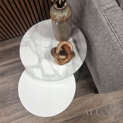 Kaito Nest of 2 Chrome Round Side End Tables – 45/38cm White Sintered Stone Tops, Modern Luxury