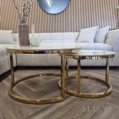 Kaito Nest of 2 Short Round Coffee Gold Tables with Polar White Sintered Stone Tops