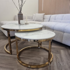 Kaito Nest of 2 Short Round Coffee Gold Tables with Polar White Sintered Stone Tops