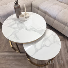 Kaito Nest of 2 Short Round Coffee Gold Tables with Polar White Sintered Stone Tops