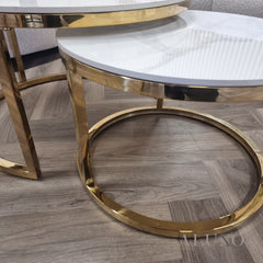 Kaito Nest of 2 Short Round Coffee Gold Tables with Polar White Sintered Stone Tops
