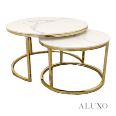 Kaito Nest of 2 Short Round Coffee Gold Tables with Polar White Sintered Stone Tops