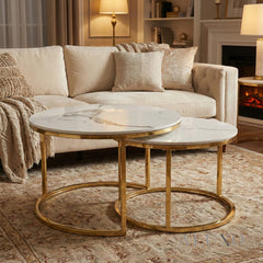Kaito Nest of 2 Short Round Coffee Gold Tables with Polar White Sintered Stone Tops