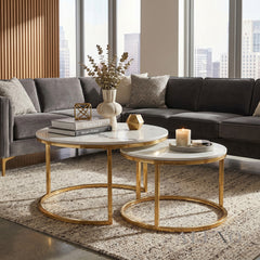 Kaito Nest of 2 Short Round Coffee Gold Tables with Polar White Sintered Stone Tops
