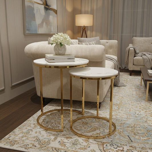 Kaito Nest of 2 Gold Round Side End Tables – 45/38cm White Sintered Stone Tops, Modern Luxury