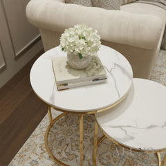 Kaito Nest of 2 Gold Round Side End Tables – 45/38cm White Sintered Stone Tops, Modern Luxury