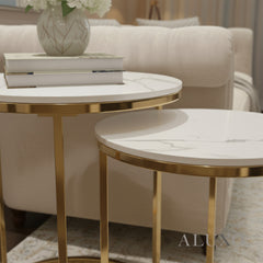 Kaito Nest of 2 Gold Round Side End Tables – 45/38cm White Sintered Stone Tops, Modern Luxury