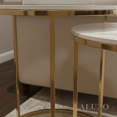 Kaito Nest of 2 Gold Round Side End Tables – 45/38cm White Sintered Stone Tops, Modern Luxury