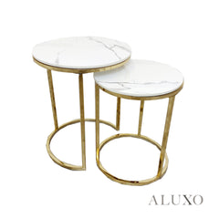 Kaito Nest of 2 Gold Round Side End Tables – 45/38cm White Sintered Stone Tops, Modern Luxury