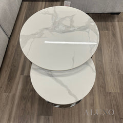 Kaito Nest of 2 Short Round Coffee Silver Tables with Polar White Sintered Stone Tops
