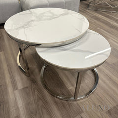 Kaito Nest of 2 Short Round Coffee Silver Tables with Polar White Sintered Stone Tops