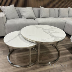 Kaito Nest of 2 Short Round Coffee Silver Tables with Polar White Sintered Stone Tops