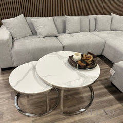 Kaito Nest of 2 Short Round Coffee Silver Tables with Polar White Sintered Stone Tops