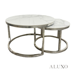 Kaito Nest of 2 Short Round Coffee Silver Tables with Polar White Sintered Stone Tops