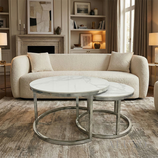 Kaito Nest of 2 Short Round Coffee Silver Tables with Polar White Sintered Stone Tops