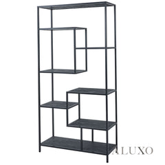 Large Black Industrial Shelf Unit – 7-Tier Asymmetric Metal Display, 200cm Architectural Style