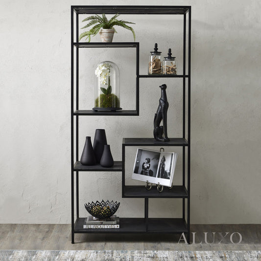 Large Black Industrial Shelf Unit – 7-Tier Asymmetric Metal Display, 200cm Architectural Style