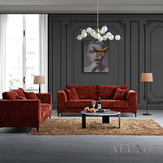 ALUXO® Lenox 3 & 2 Seater Sofa – Rust Velvet | Mid-Century Modern Comfort