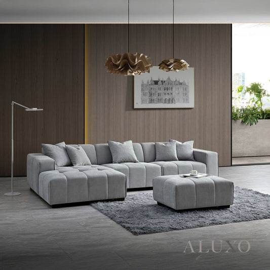 ALUXO® Leonard Left Hand Corner Sofa – Cloudy Grey Bouclé Fabric