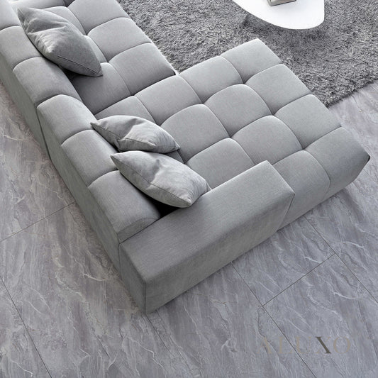 ALUXO® Leonard Left Hand Corner Sofa – Cloudy Grey Bouclé Fabric