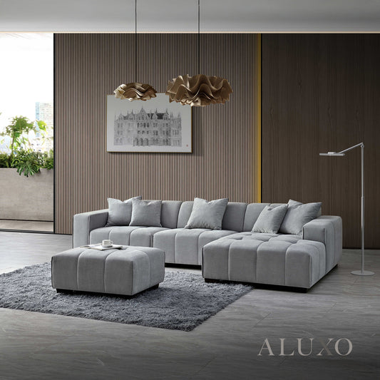 ALUXO® Leonard Right Hand Corner Sofa – Cloudy Grey Bouclé Fabric