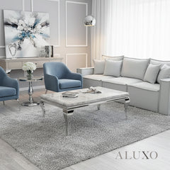 Lorens 130cm Chrome Coffee Table with Light Grey Marble Top – Curved Leg Design