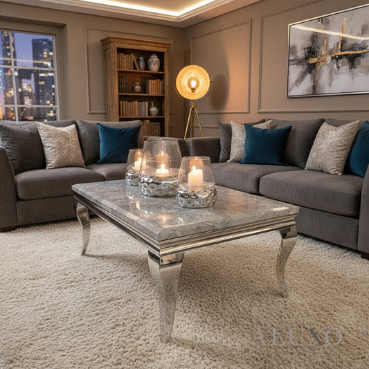 Lorens 130cm Chrome Coffee Table with Light Grey Marble Top – Curved Leg Design