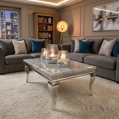 Lorens 130cm Chrome Coffee Table with Light Grey Marble Top – Curved Leg Design