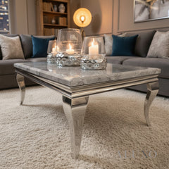 Lorens 130cm Chrome Coffee Table with Light Grey Marble Top – Curved Leg Design