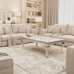 Lorens 130cm Chrome Coffee Table with Light Grey Marble Top – Curved Leg Design