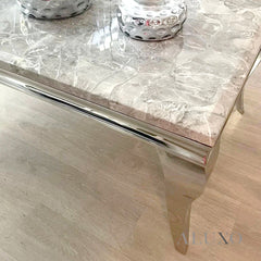 Lorens 130cm Chrome Coffee Table with Light Grey Marble Top – Curved Leg Design