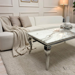 Lorens 130cm Chrome Coffee Table with Cream Marble Top – Curved Leg Design