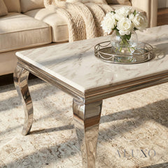 Lorens 130cm Chrome Coffee Table with White Marble Top – Curved Leg Design