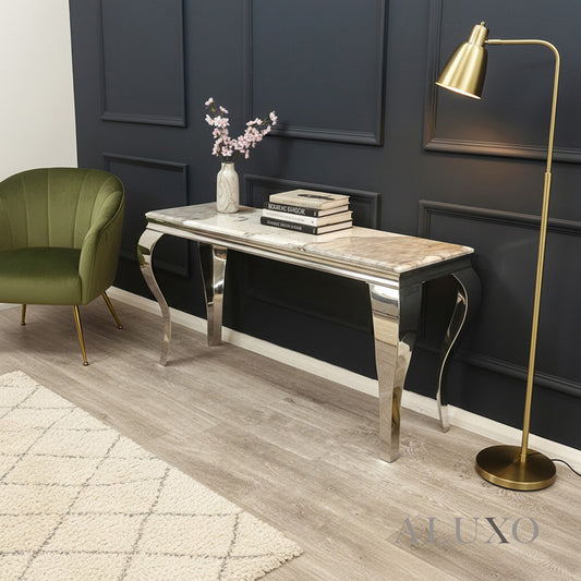 Lorens Chrome Console Table – 140x40cm Cream Marble Top, Stainless Steel Legs