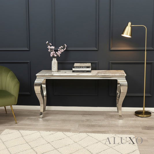 Lorens Chrome Console Table – 140x40cm Cream Marble Top, Stainless Steel Legs