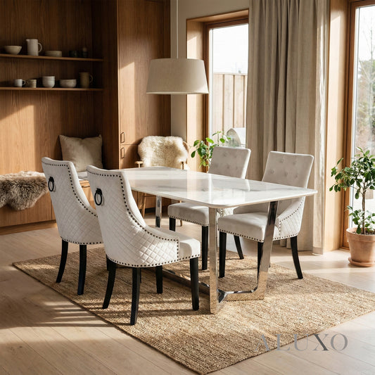 Loki 1.6m White Sintered Stone Chrome Dining Set – Table with 4/6 Gunnar Light Grey Velvet Chairs