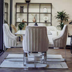 Loki 1.6m Rectangular Chrome Dining Set ā White Sintered Stone Table with 4 Olivia Velvet Chairs