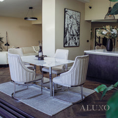 Loki 1.6m Rectangular Chrome Dining Set ā White Sintered Stone Table with 4 Olivia Velvet Chairs