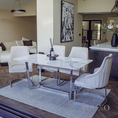 Loki 1.6m Rectangular Chrome Dining Set ā White Sintered Stone Table with 4 Olivia Velvet Chairs