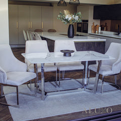 Loki 1.6m Rectangular Chrome Dining Set ā White Sintered Stone Table with 4 Olivia Velvet Chairs